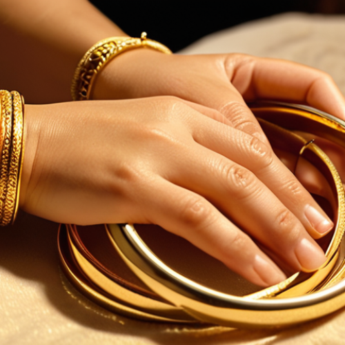 **Image Prompt:** Close-up of a woman's hands gently cleaning gold bangles with a soft cloth and mild soapy water. Focus on the intricate details of the gold jewelry and the caring gesture. Warm lighting, soft focus.