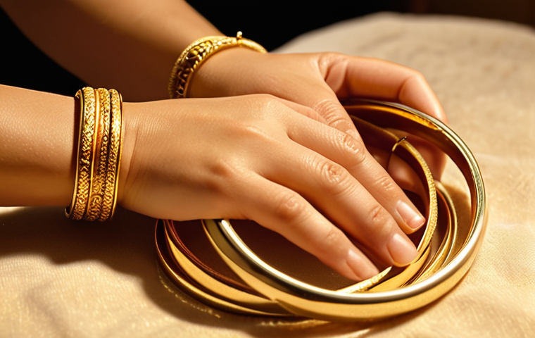 **Image Prompt:** Close-up of a woman's hands gently cleaning gold bangles with a soft cloth and mild soapy water. Focus on the intricate details of the gold jewelry and the caring gesture. Warm lighting, soft focus.