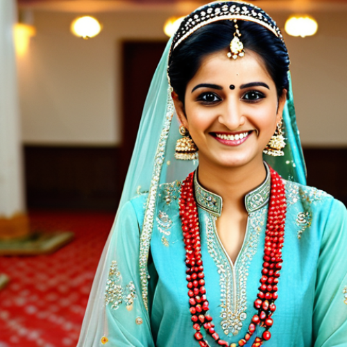 Elegant Wedding Attire**

A bride in a modest, beautifully embroidered traditional wedding dress (shalwar kameez), adorned with intricate crystal jewelry. She is smiling gently. Soft, diffused lighting. Background: A subtly decorated wedding hall with floral arrangements. Fully clothed, appropriate attire, safe for work, perfect anatomy, natural proportions, professional photography, high quality, family-friendly.

**