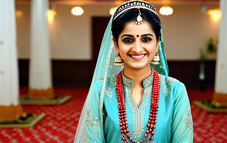 Elegant Wedding Attire**
A bride in a modest, beautifully embroidered traditional wedding dress (shalwar kameez), adorned with intricate crystal jewelry. She is smiling gently. Soft, diffused lighting. Background: A subtly decorated wedding hall with floral arrangements. Fully clothed, appropriate attire, safe for work, perfect anatomy, natural proportions, professional photography, high quality, family-friendly.
**