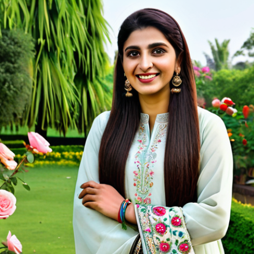 **

A Pakistani woman in a beautifully embroidered shalwar kameez, fully clothed, standing in a lush green garden with colorful flowers. She is smiling gently and holding a rose quartz bracelet. Soft, natural lighting, professional photography, perfect anatomy, appropriate attire, safe for work, modest, family-friendly.

**