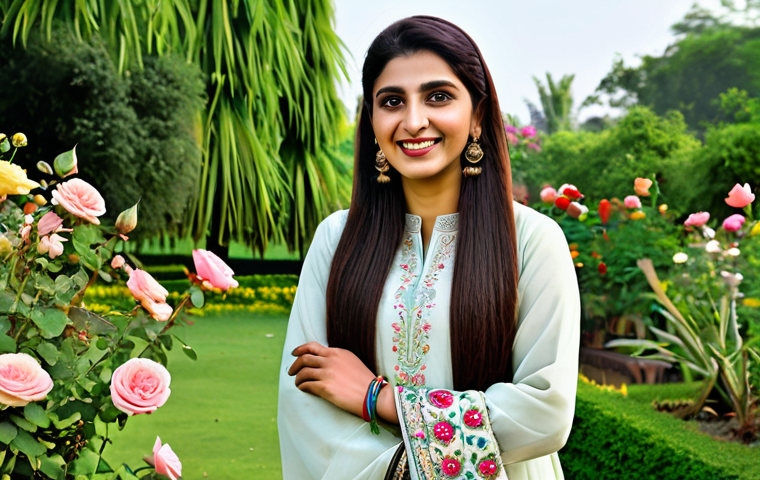 **
A Pakistani woman in a beautifully embroidered shalwar kameez, fully clothed, standing in a lush green garden with colorful flowers. She is smiling gently and holding a rose quartz bracelet. Soft, natural lighting, professional photography, perfect anatomy, appropriate attire, safe for work, modest, family-friendly.
**